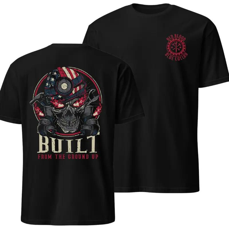 Built From The Ground Up Skull Graphic T-Shirt, Vintage American Flag Design, So S