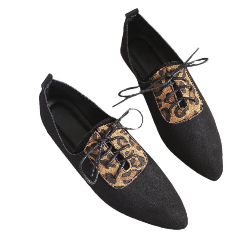 Large size leopard print single shoes women's autumn new pointed flat bottom suede casual shoes comfortable lace-up women's shoes