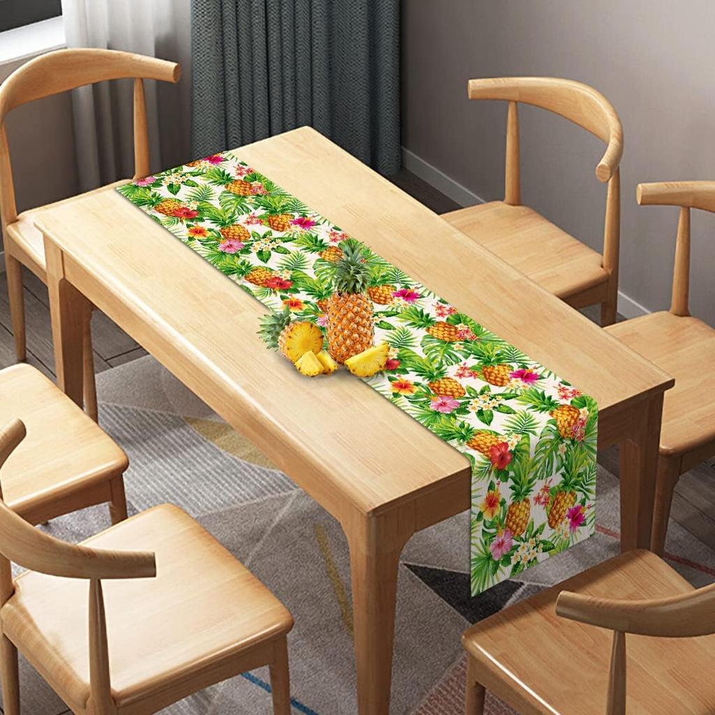 Linen Summer Pineapple Table Runner Tropical Hawaiian Luau Indoor Outdoor Party Table Cover Decoration Home Kitchen Dining Room (13" x 72")
