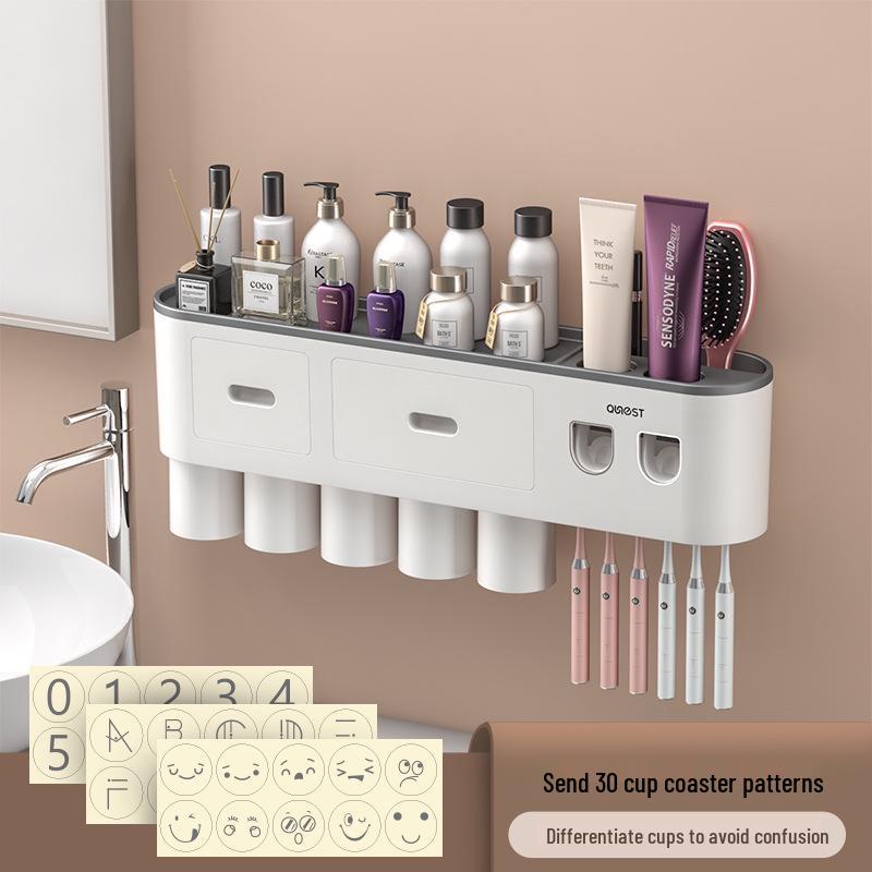 Punch-Free Wall-Mounted Toothbrush & Mouthwash Cup Set with Electric Toothpaste Dispenser