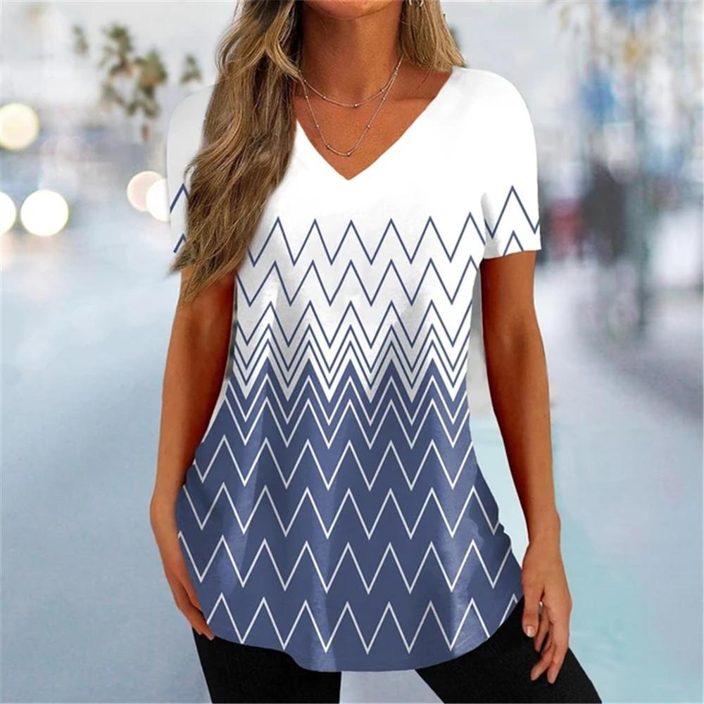 Simple Curve Digital 3D Print Fashion Women Tshirt Pullover Daily Suitable All Seasons Splicing Short Sleeves Polyester V-Neck