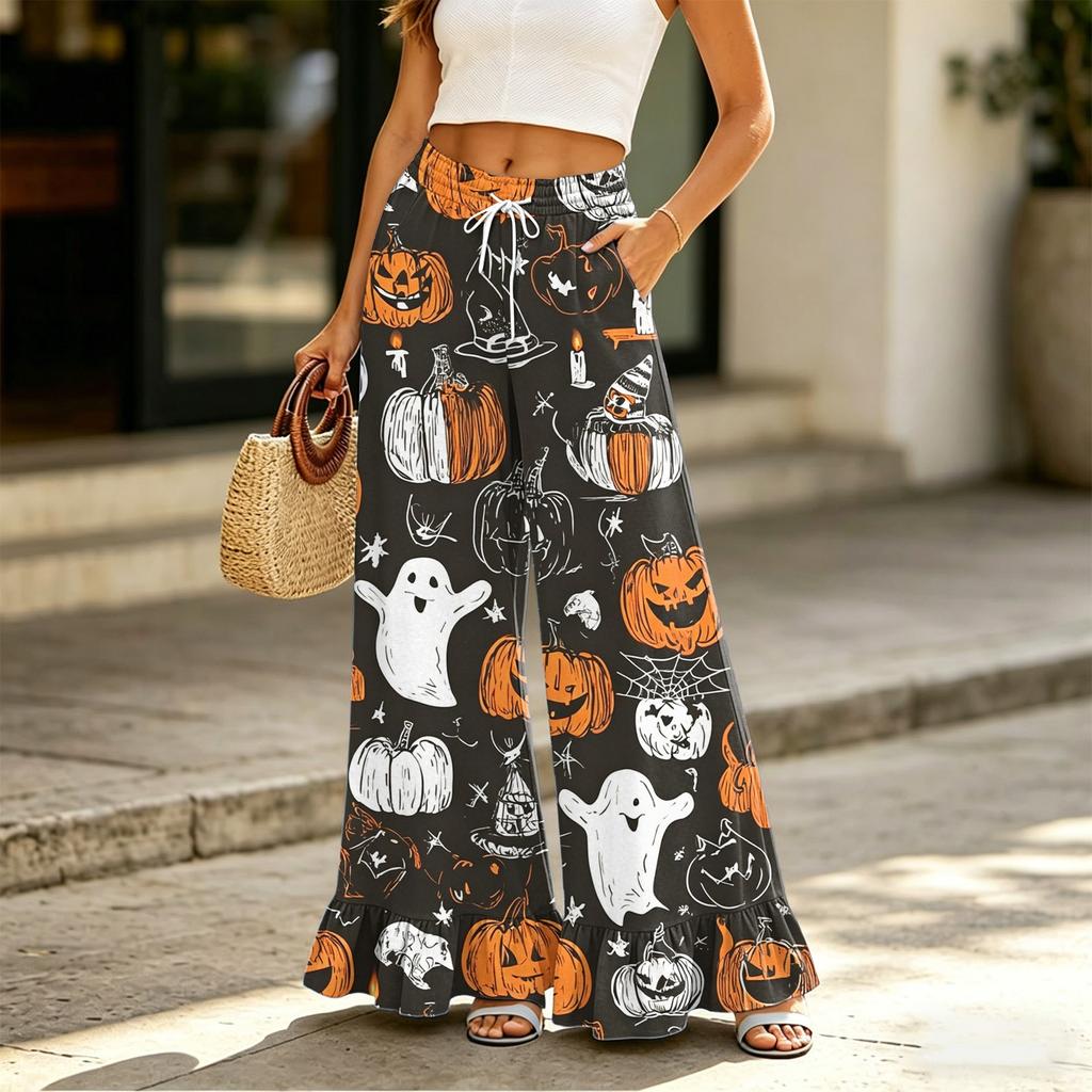 Women's Wide Leg Pants with Pockets High Waist Drawstring Floral Print Loose Casual Long Trousers Ruffled Hem