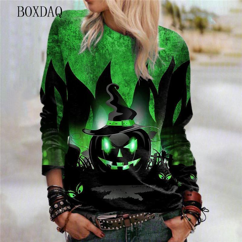 Horror Pumpkin Pattern Women Halloween T-Shirts Autumn Winter Long Sleeve 3d Print Street Ladies Tees 6XL Plus Size Casual Tops