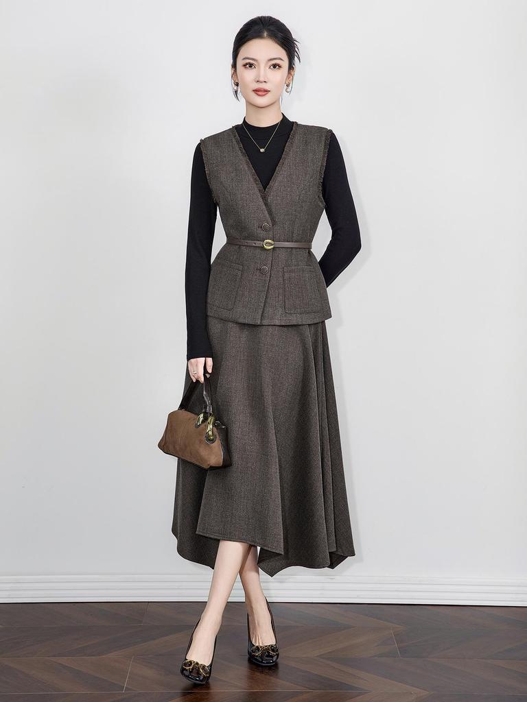 Elegant Waist-Cinched V-Neck Vest + Skirt Two-Piece Set for Women - Autumn/Winter New Arrival