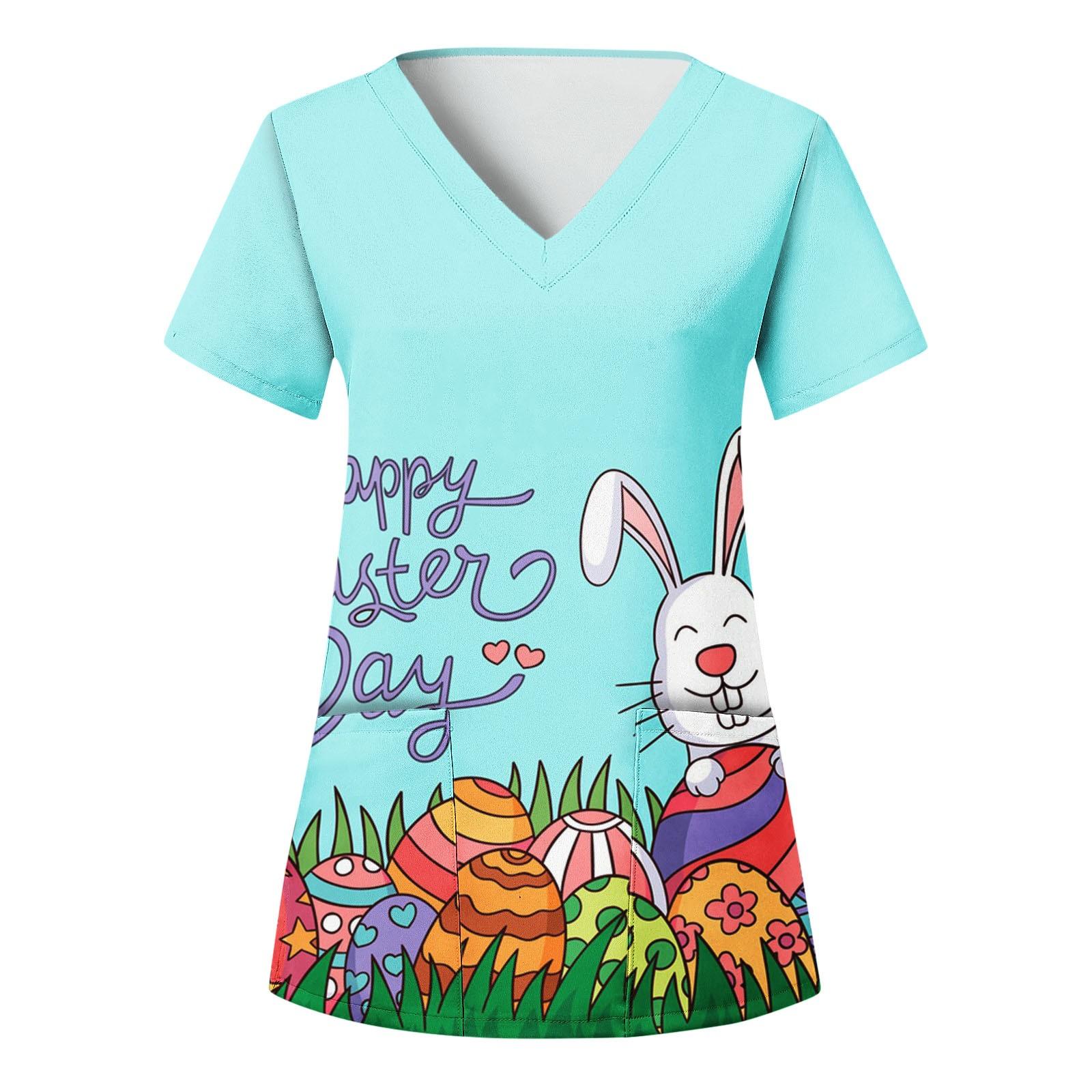 Women s Short-Sleeved V-neck Easter Print Pocket Carer Top XXL