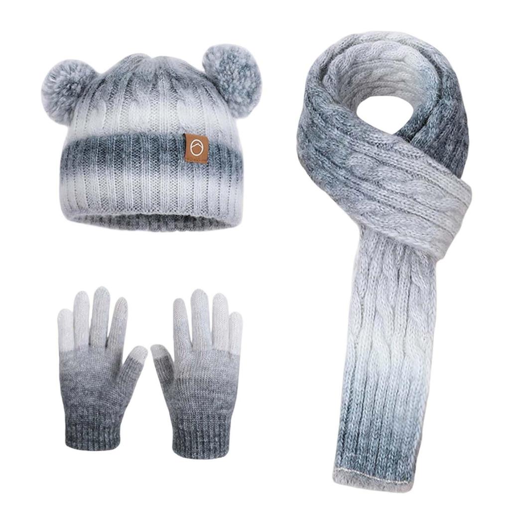 Kinder Mütze, Schal und Handschuhe dreiteiliges Set, für Baby Jungen und Mädchen, Winter Kälteschutz, Fleecegefüttert, Warm, Ohrenschützende Strickmütze aus Wolle