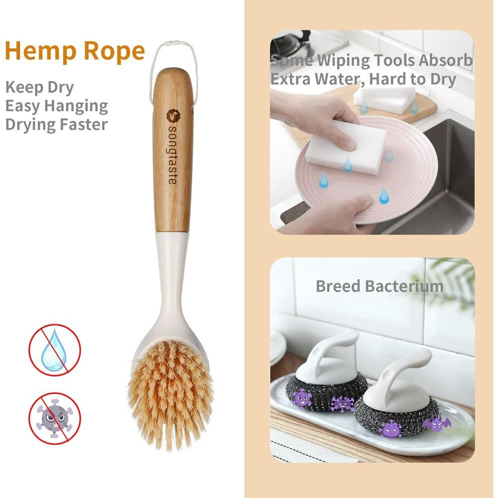 2 Pack Kitchen Dish Brush Bamboo Handle Dish Scrubber Built-in Scraper, Scrub Brush for Pans, Pots, Kitchen Sink Cleaning
