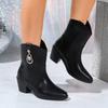 Luxury Crystal Metal Decoration Mid Calf Riding Boots Women 2025 Autumn Sexy Pointed Toe Medium Heel Boots Solid Black Booties