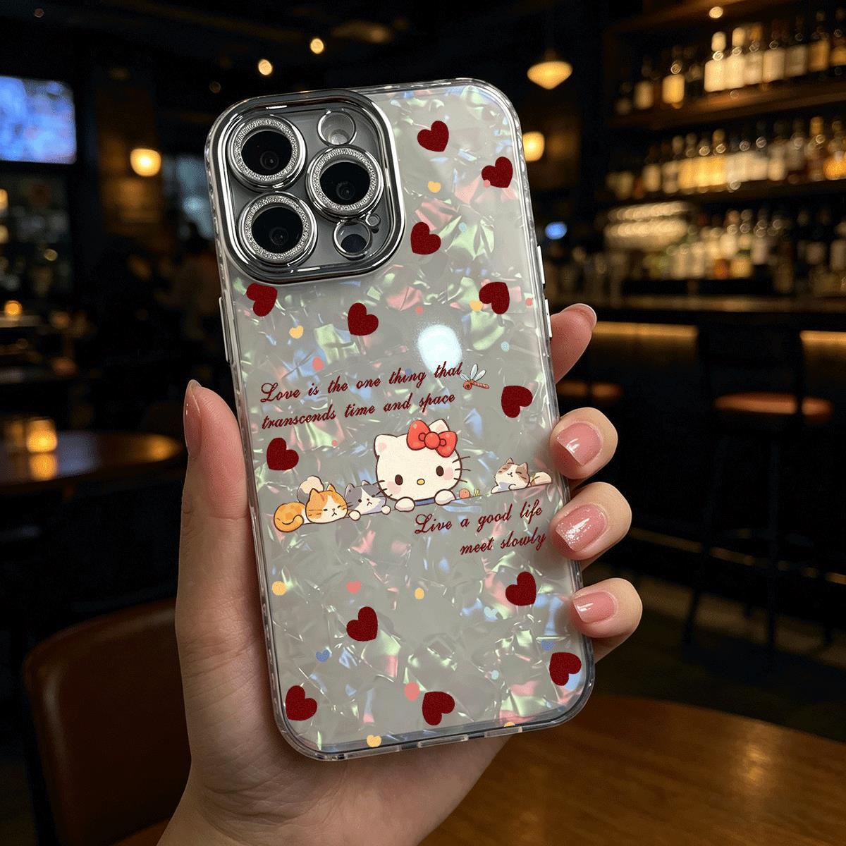 

Wine Red Full-Screen Love Heart KT Cat Phone Case for Apple 17 Pro Max/15 Pro, Personalized Design for Women 12 Pro