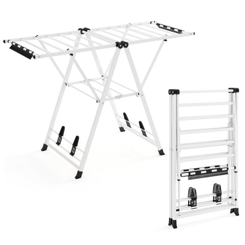 COSTWAY Folding Clothes Drying Rack, No Assembly Required, Indoor Clothes Drying Rack, 141cm Wide X 141cm High, Includes Shoe Rack, Flat Drying Suppor