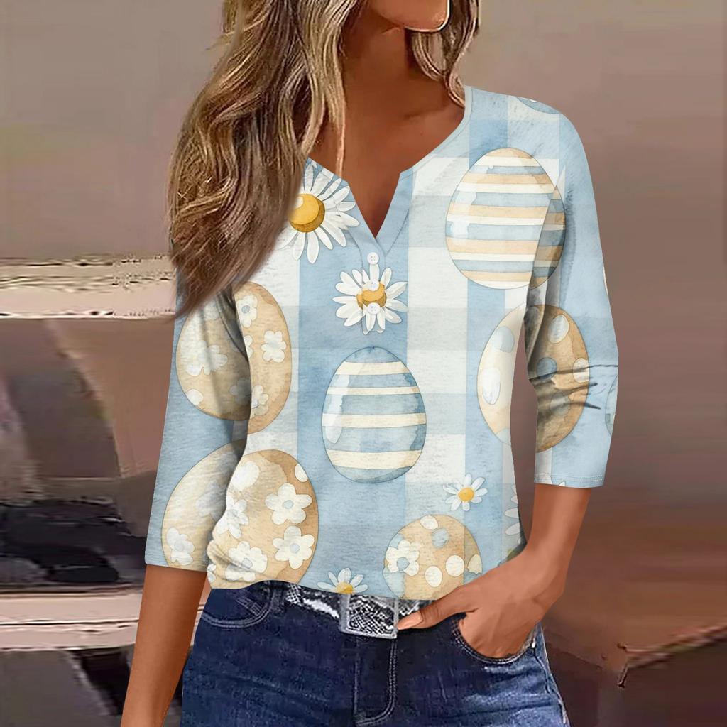 Women's Fashion Casual Easter Printed V-neck Short Sleeve Decorative Button Seven Sleeve T-shirt Top