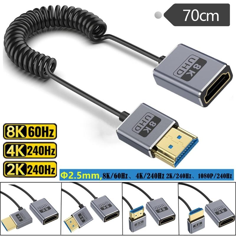 Thin Coiled 8K60hz 2.1 Video Cable 48Gbps with Spring Designing Cord Enhances Flexibility and Durability 70CM 27.56in