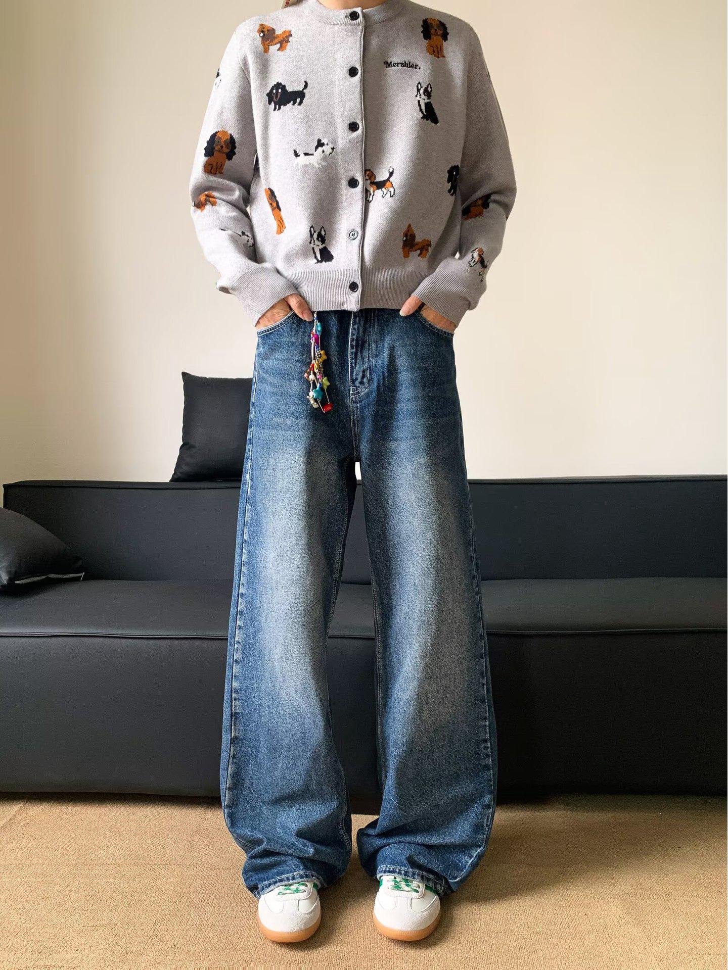 Men s Autumn Loose-Fit Embroidered Star Wide-Leg Jeans 3XL синий