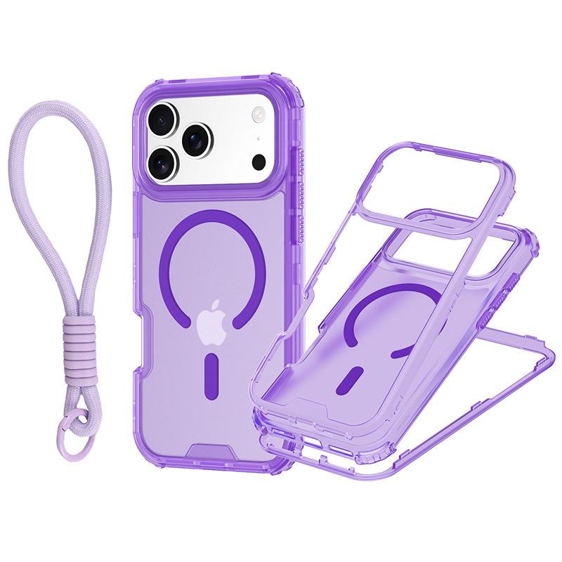 Pentru IP 17 Pro Max Husa de Telefon Magnetică Colorată 3-în-1 cu Textură de Piele și Curea