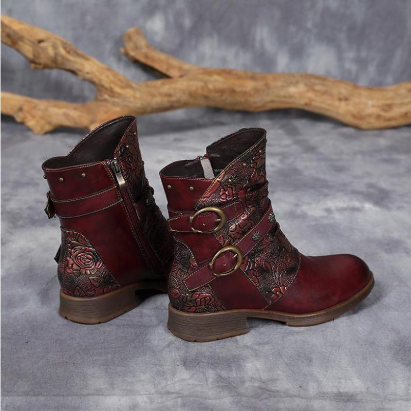 Johnature Boty z pravé kůže Dámské Kozačky Zimní potisk s kulatou špičkou na zip Ruční výroba Stručné Kotníkové boty pro volný čas