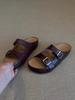 Cowhide version~ retro niche casual belt buckle one-word slippers for women's outer wear 2025 summer thick-bottomed Birkenstock sandals