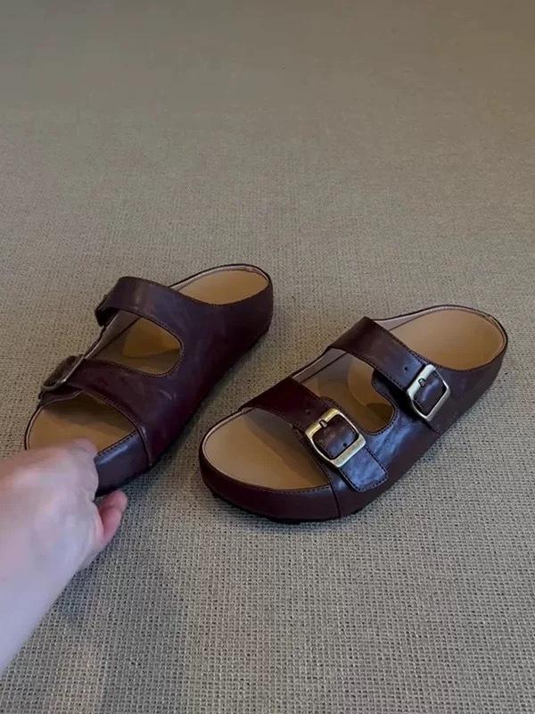 Cowhide version~ retro niche casual belt buckle one-word slippers for women's outer wear 2025 summer thick-bottomed Birkenstock sandals