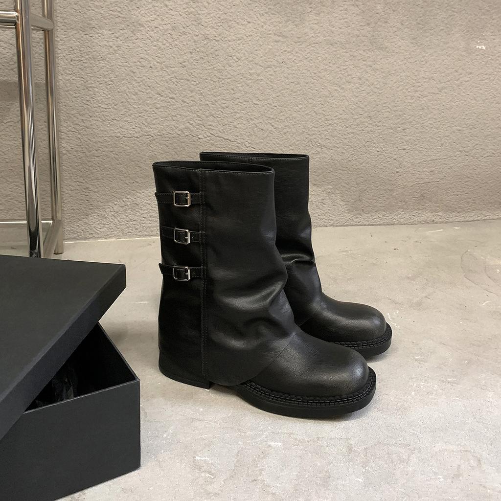 Cowhide version thick-soled Martin boots women's retro western cowboy boots metal buckle thick heel medium tube pants tube boots square head 