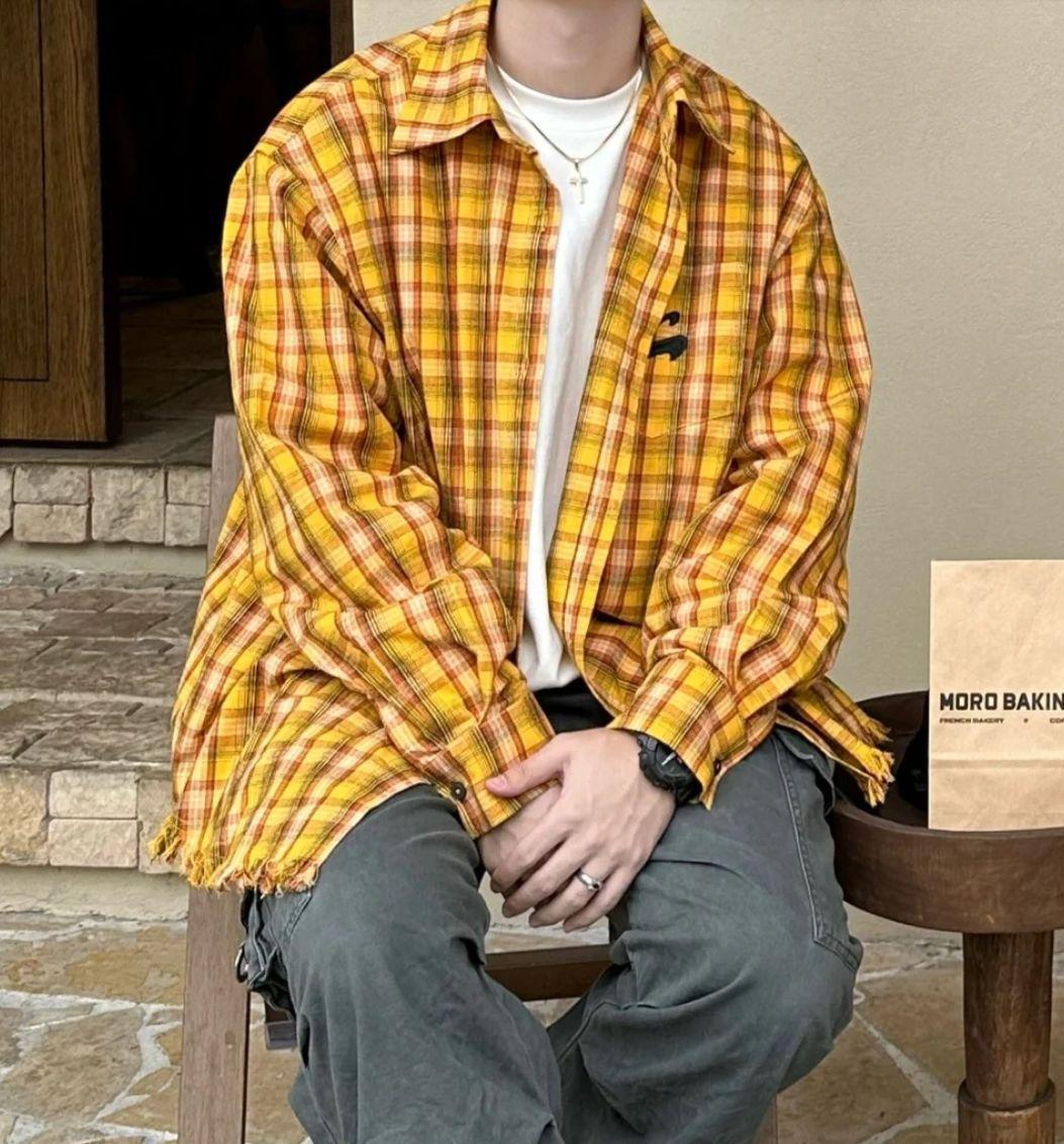 

2024 Унисекс Американский Ретро Желтая Клетчатая Куртка-Рубашка - Уникальный Летний и Весенний Топ для Пар XL жёлтый