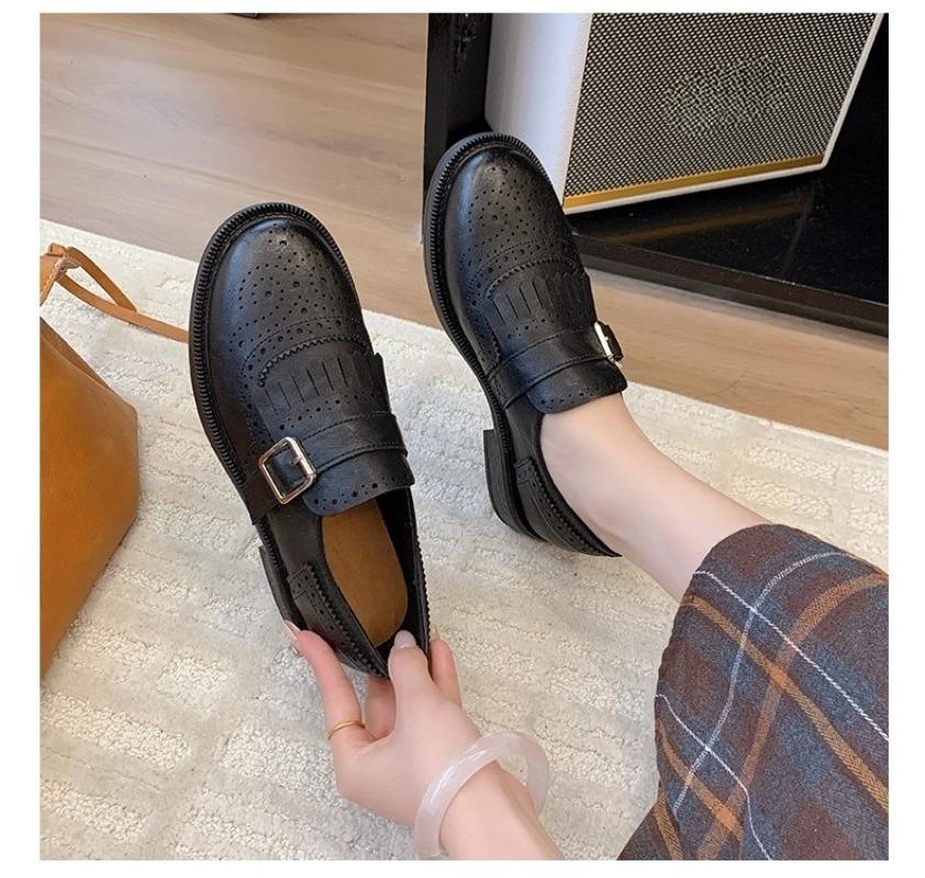 Fashion Retro Low Heel Single Shoes Autumn New Round Toe Deep Mouth Breathable Hole Metal Buckle Non-slip Low Top Shoes