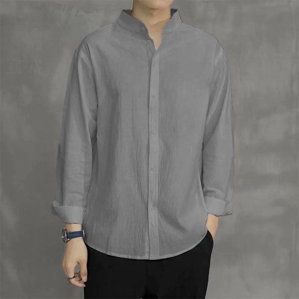 

Весна Осінь Чоловіча Сорочка Довгий Рукав Однотонна Бавовна Льон Хенлі Горловина Одинарна Дихаюча Мода Чоловічий Топ Корейський Стиль 5XL сірий