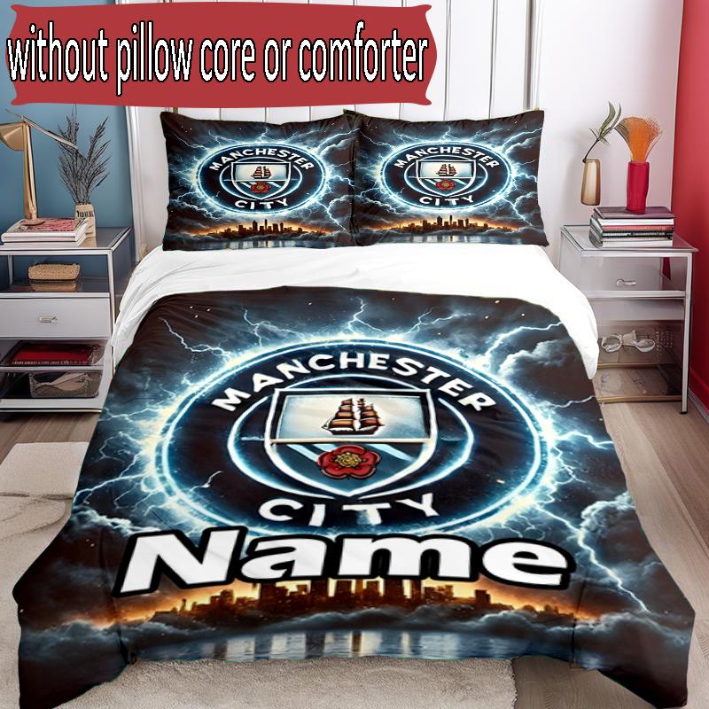 3pcs Duvet Cover Set (1*Duvet Cover + 2*Pillowcase, Without Core), Custom Name Manchester City FC Pattern Bedding Set, Home Bedroom Decor Gift