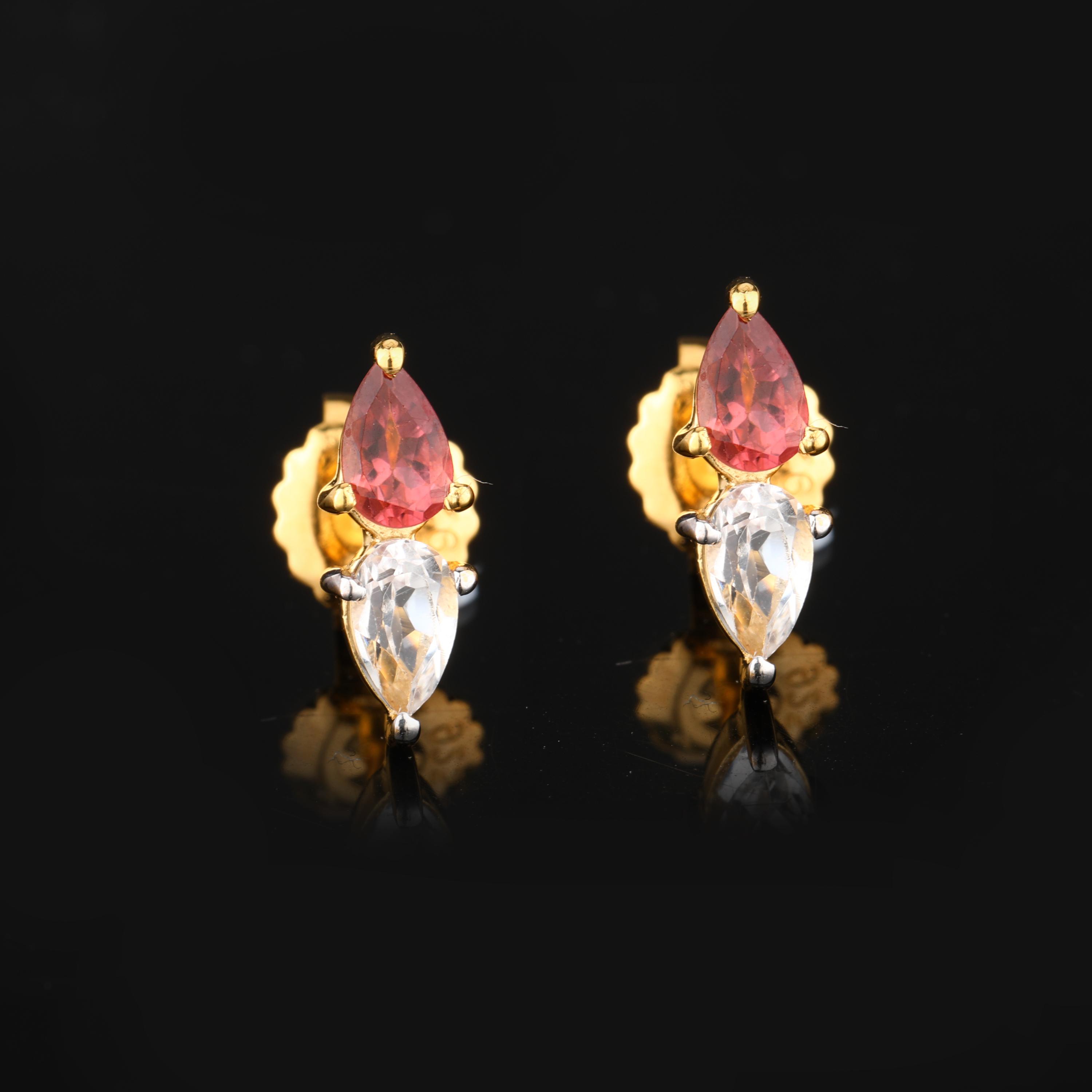 

925 Sterling Silver Yellow Gold Plated Earrings Pink Tourmaline Pear 5x3mm White Topaz Pear Elegant Women Jewelry золотий