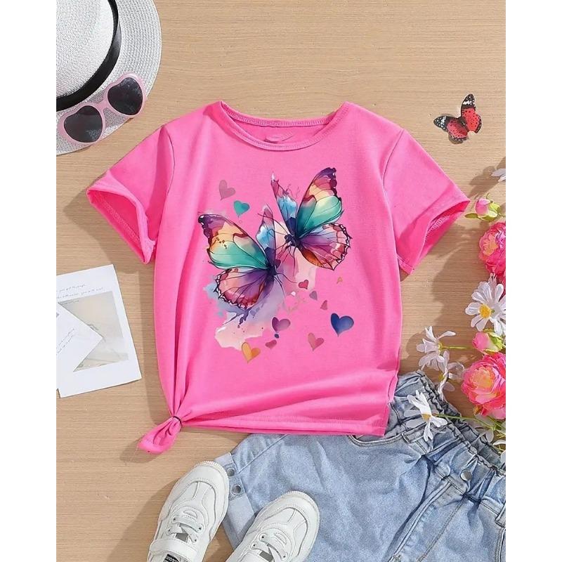 Girls' 3D Butterfly T shirt Tee Short Sleeve Summer Spring Fashion Basic Kids 4-12 Years