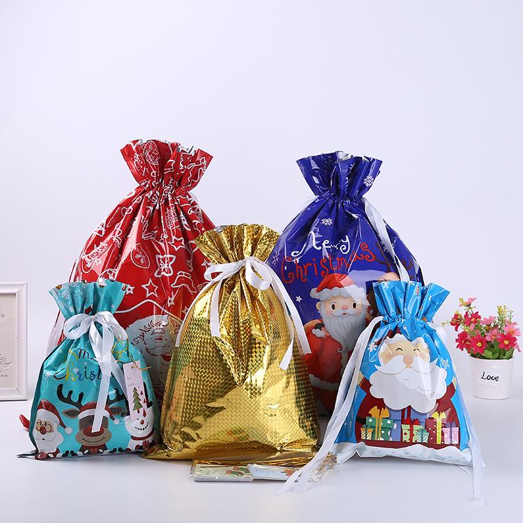 New Christmas Gift Packaging Bag Santa Claus Snowman Printed Drawstring Gift Bag Aluminum Foil Christmas Decoration Products