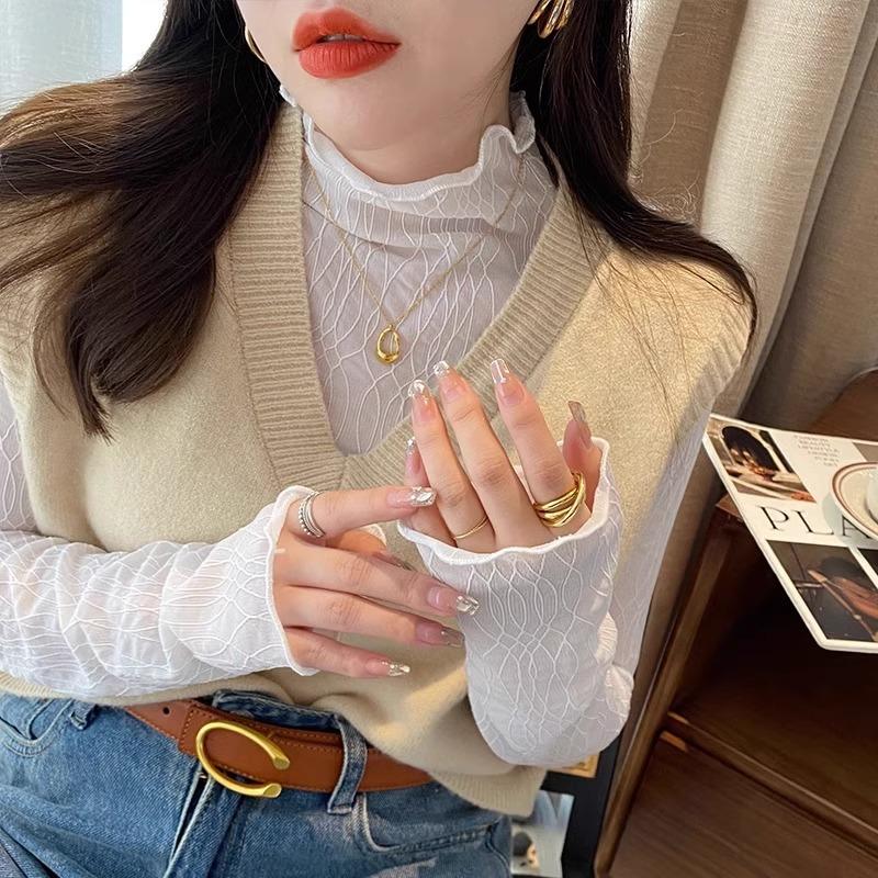 

Новая осенне-зимняя бархатная теплая и облегающая рубашка с длинными рукавами, женская футболка с полуворотником и кружевным топом XL