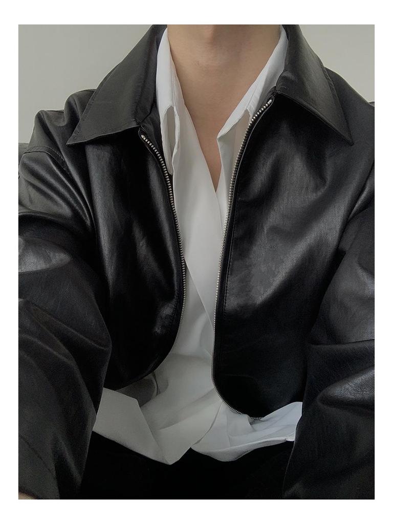 Men's Trendy Korean Style Leather Jacket - 2024 Spring/Autumn, Short Loose Fit with Lapel.