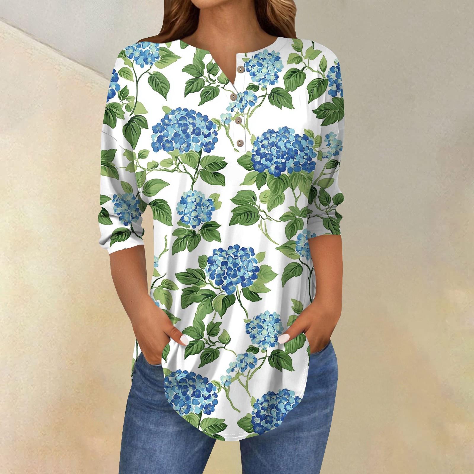 

Женская свободная футболка с воротником на пуговицах и винтажным цветочным принтом, рукав три четверти XL зелёный