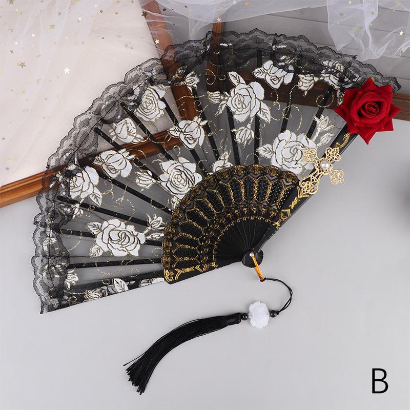 Ladies Lace Hand Fan Black White Cloth Folding Fans With Tassels Ancient-Style Dance Folding Hand Fan For Wedding Party Favor
