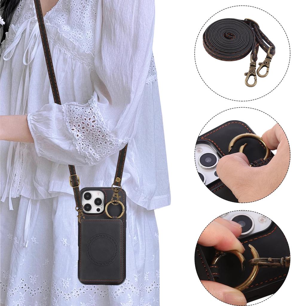 Ring Crossbody Wallet Card Holder Slot Phone Case for IPhone 16E 16 15 14 13 12 11 Pro Max X XS XR 7 8 Plus Car Magnetic Cover