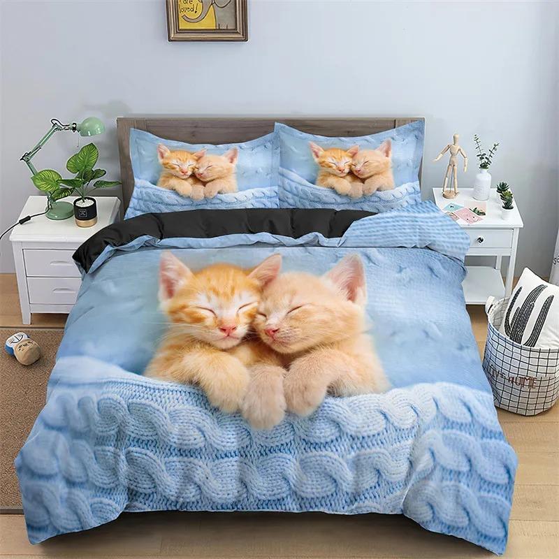 2026 Katzen Bettwäsche Set Haustier Katzen Muster Einzelbett Bettwäsche Set Niedliches Kätzchen Für Polyester Geheimnisvolle Schwarze Katze Kingsize Bettbezug
