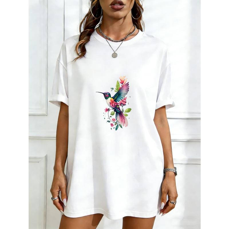 

Oversized T Shirt Dress Black Hummingbird And Flowers Print Casual Wear XXXXL білий