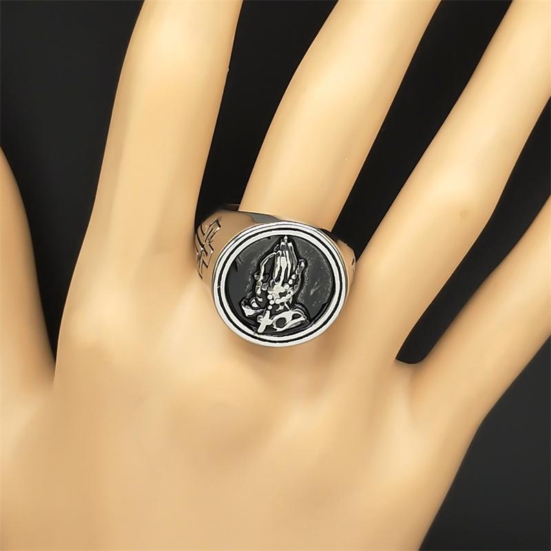 Fashion Simple Praying Hands Jesus Stainless Steel Cross Ring for Women Men Silver Color Hip Hop Ring Jewelry Gift R607