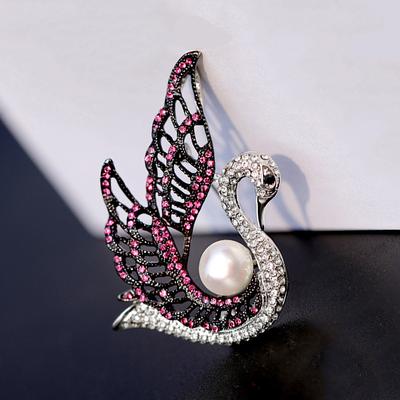 Full Diamond Swan Brooch, Pearl Brooch, Elegant Coat Pin, Suit Accessory
