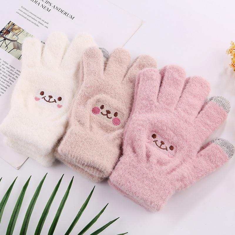 Smile Face Printing Gloves Mobile Phone Touchscreen Knitted Gloves Women Winter Thick Warm Adult Soft Mink Fluffy Gloves
