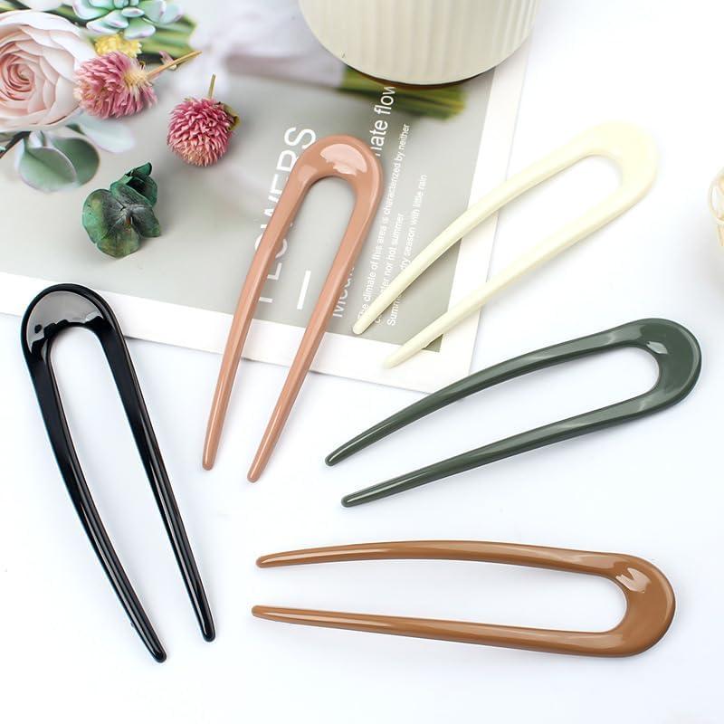 NAKANOYA Medium U-Shaped Hair Fork, Lightweight Plastic Resin Acrylic Hair Stick, Simple Solid Color, Minimalist, Glossy, Natural, Casual, Feminine,