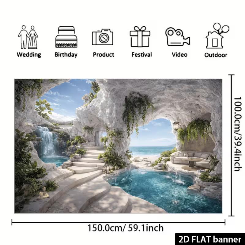 2D Beach Waterfall Cave Photography Background for Vacation Decor