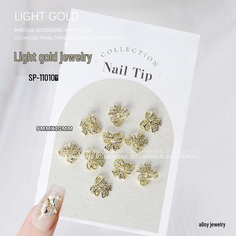 Golden Butterfly 3D Nail Art Set - 10 Pieces of Light Gold Ribbon Bow Decorations