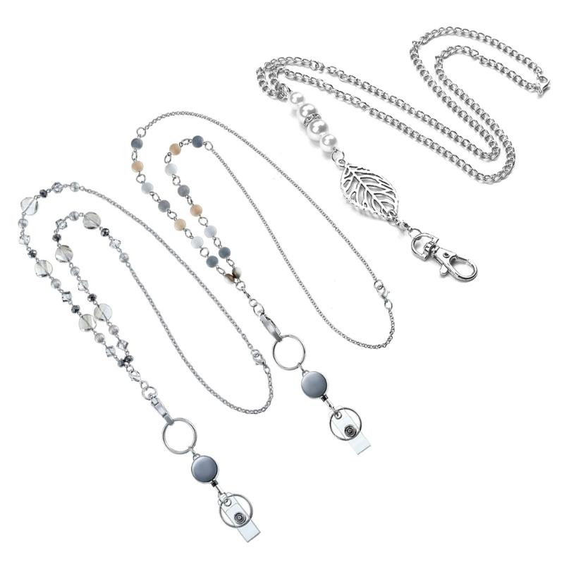 Women Retractable Badge Reel Lanyard with ID Card Holder Necklace Name Badge Holder Lanyard Stainless Steel Beaded Chain