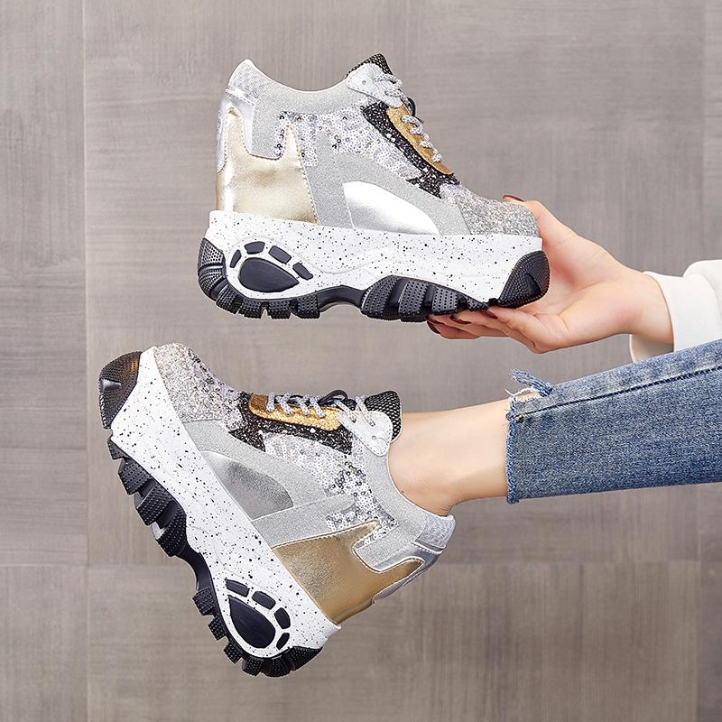 Fashion 12.5cm New Synthetic Women High Brand Designer Shoes Ladies Vulcanize Autumn Spring Mixed Color Bling Breathable Sneakers