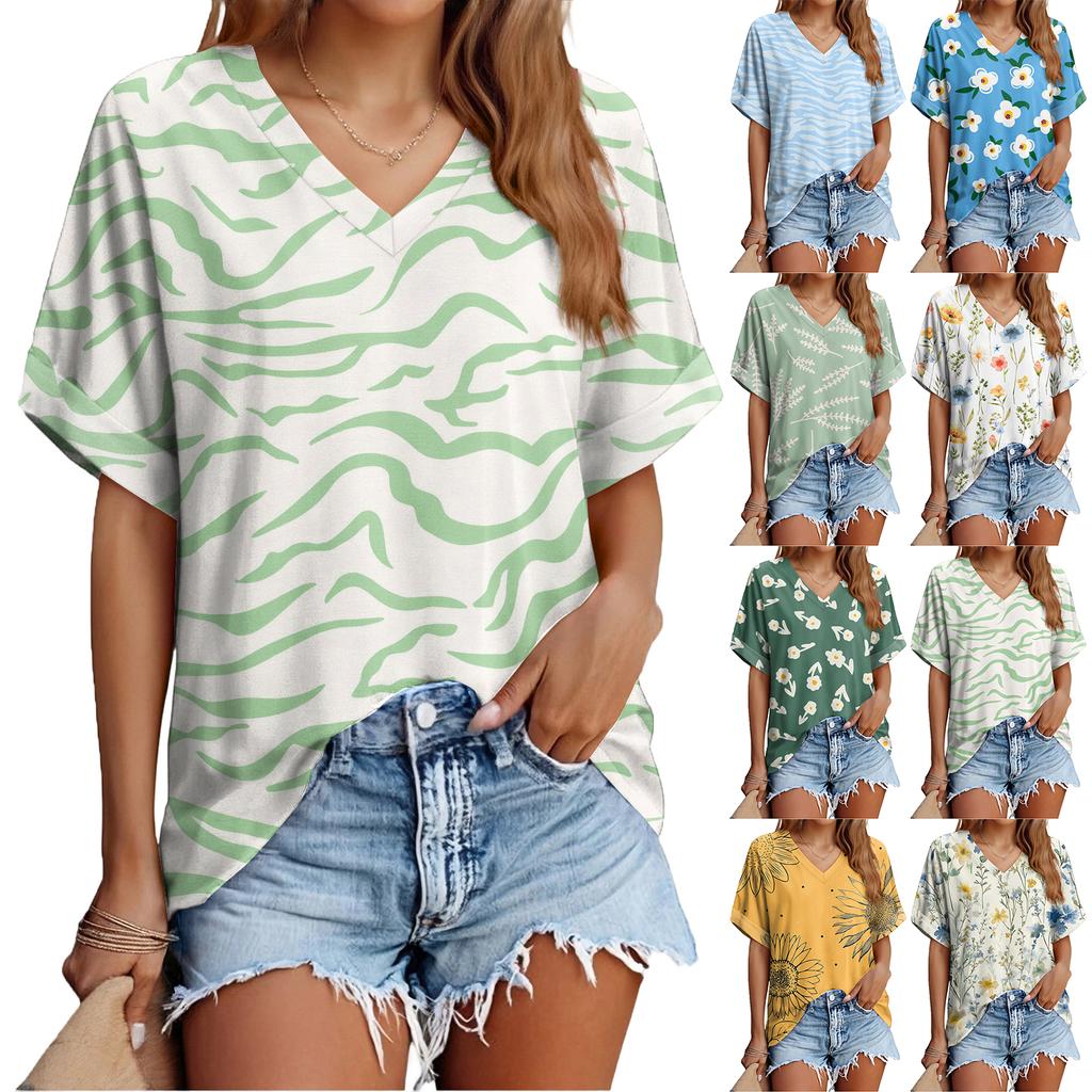 Top de Verano Casual Versátil a la Moda para Mujer con Estampado Floral Delgado de Manga Corta