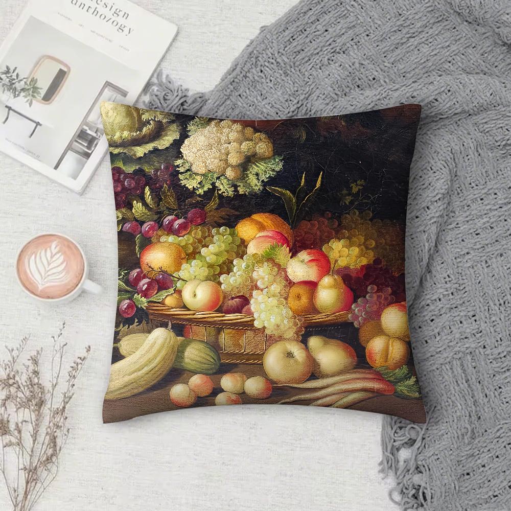 Oil painting fruits and vegetables Pillow Case Square Double-Sided Printing Short Plush Sofa Cushion Cover Bedside Pillow