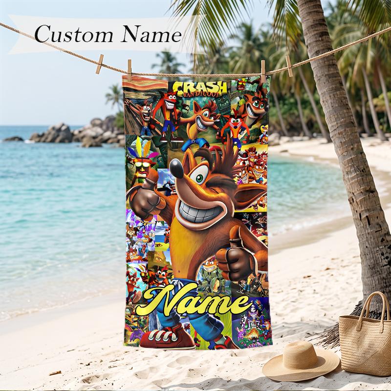 Crash Bandicoot  Custom Name Printed Beach Towel Personalized Soft Towel For Swimming Beach Travel