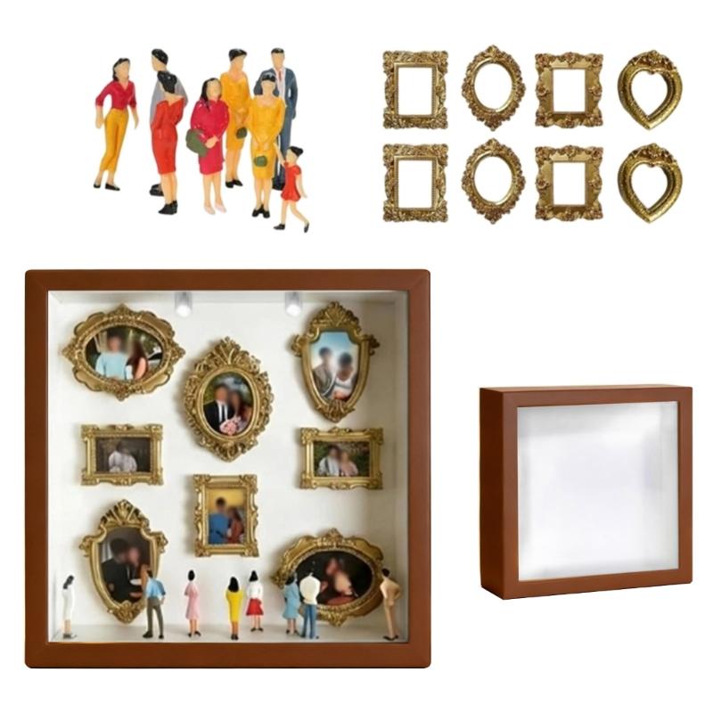 DIY Personalize Mini Museums Silhouettes Box Set with Gold Frame and Mini Figures Photo Display Shadows Box for Home Decors