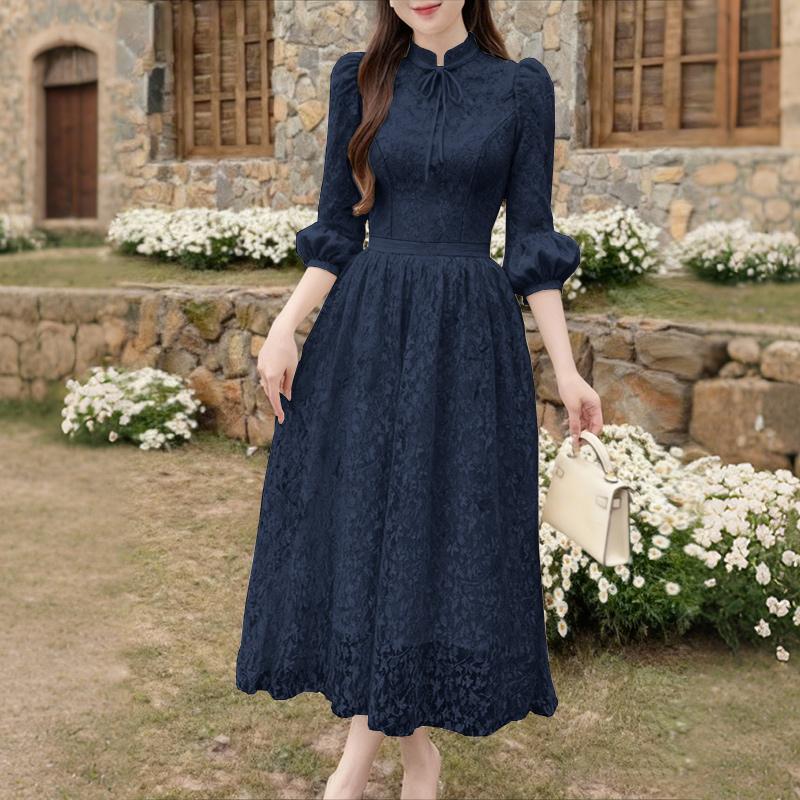 ZANZEA Women Casual Stand Collar Loose Long Sleeve Patchwork Lace Dress