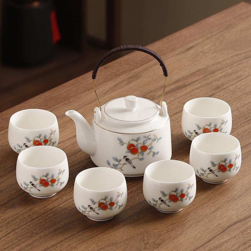 Jade Porcelain Tea Set Chinese Kung Fu Tea Pot Ceramic Tea Cup White Porcelain Set Household Large Capacity Handle Pot